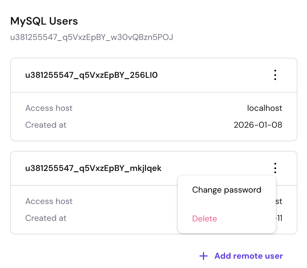 MySQL Users page with a user menu open showing Change password and Delete options