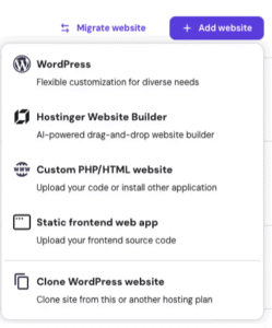 Hostinger dashboard add website menu with Static frontend web app option highlighted