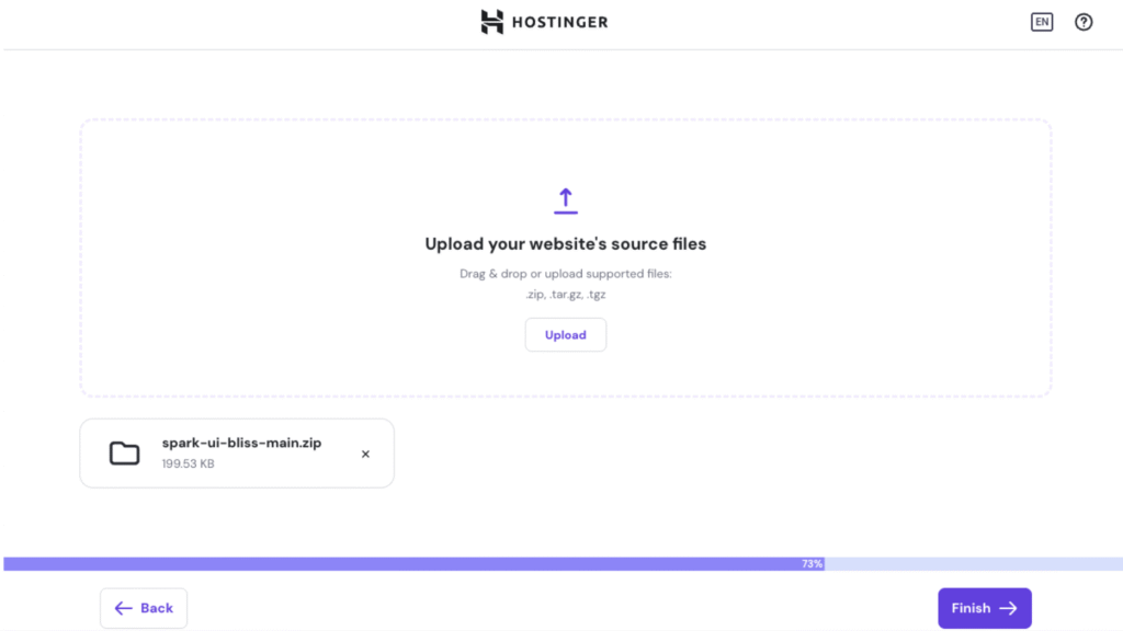 Hostinger upload screen with Finish button and uploaded static site ZIP file