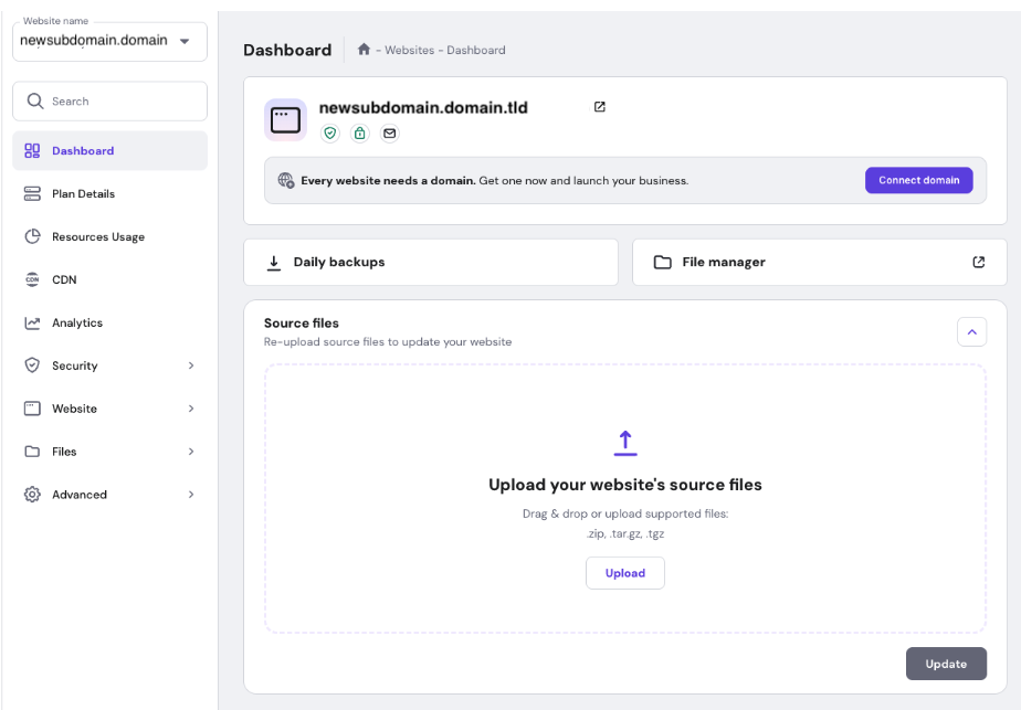 Website dashboard with highlighted source files upload area and Upload button