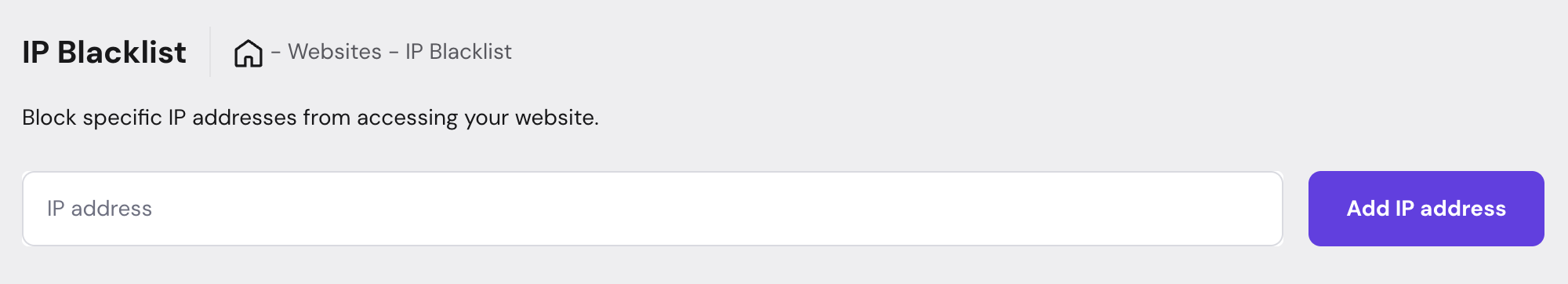 Websites IP blacklist page with IP address input and Add IP address button