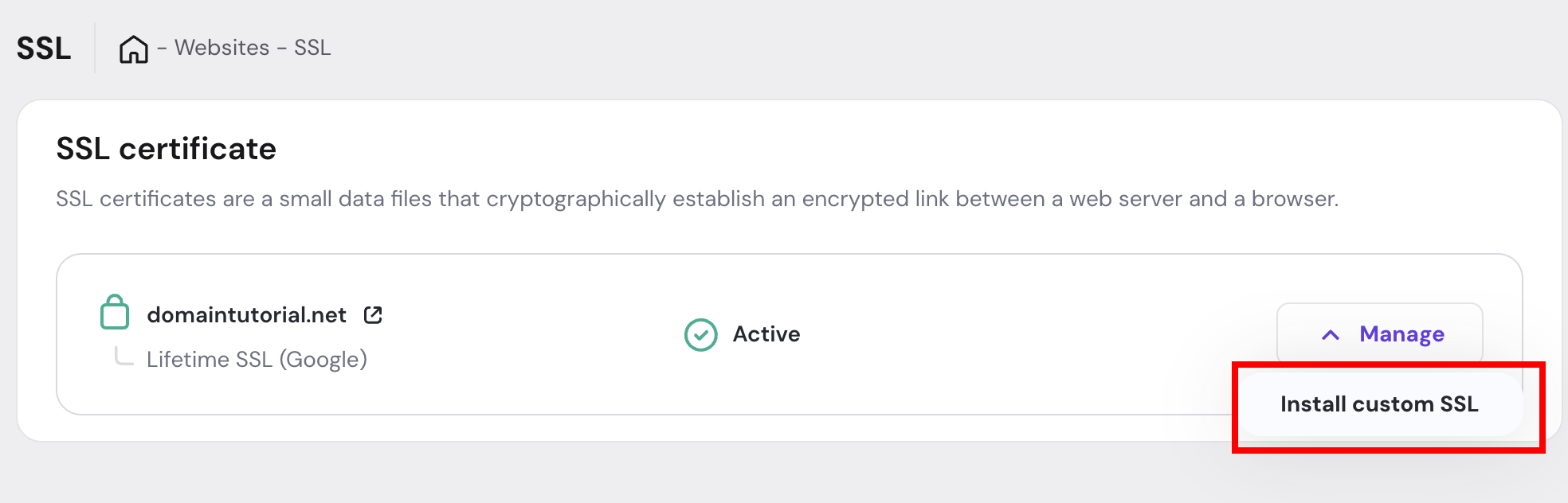 SSL page with Install custom SSL menu option highlighted