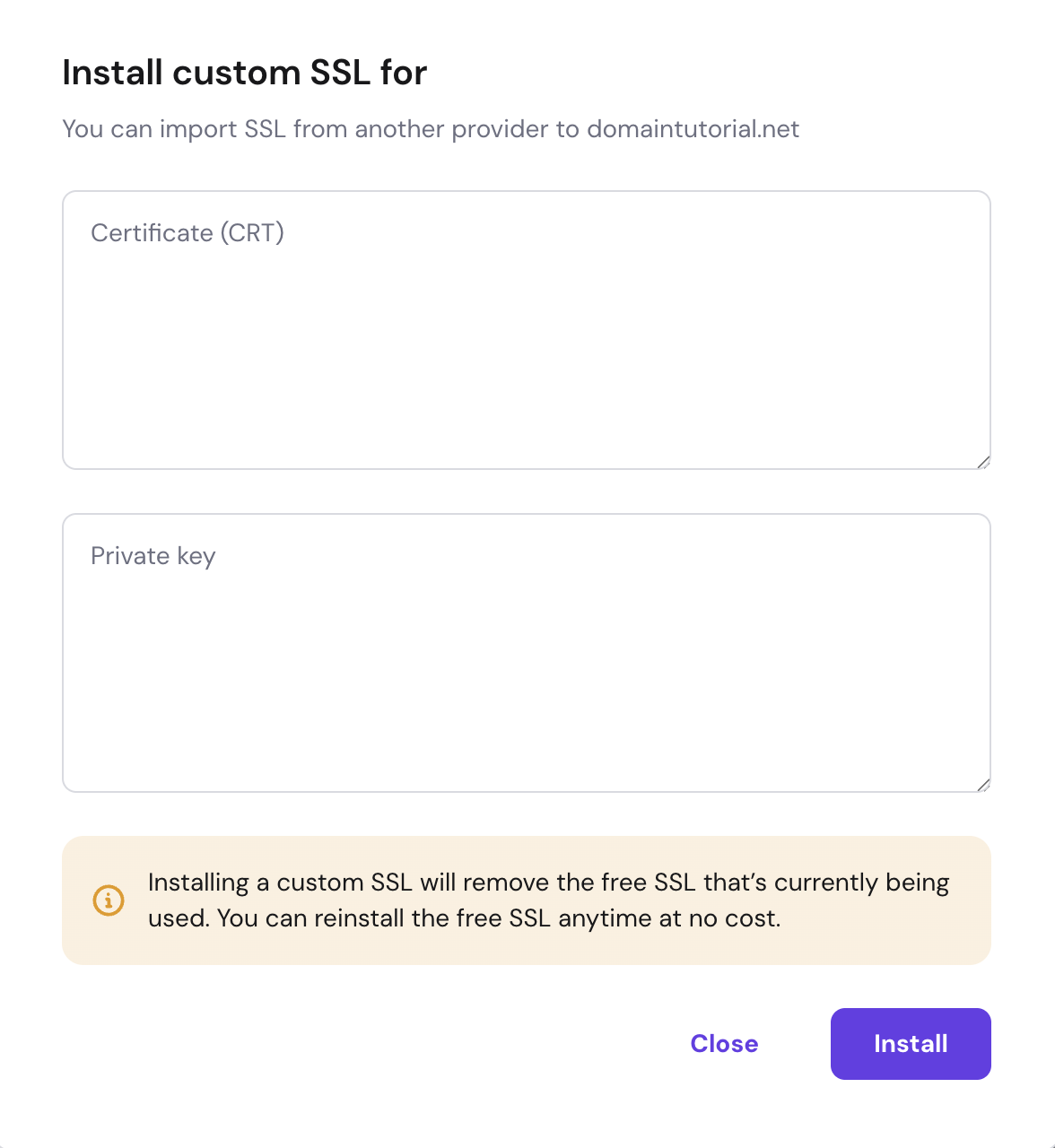Custom SSL install dialog with certificate and private key fields and Install button