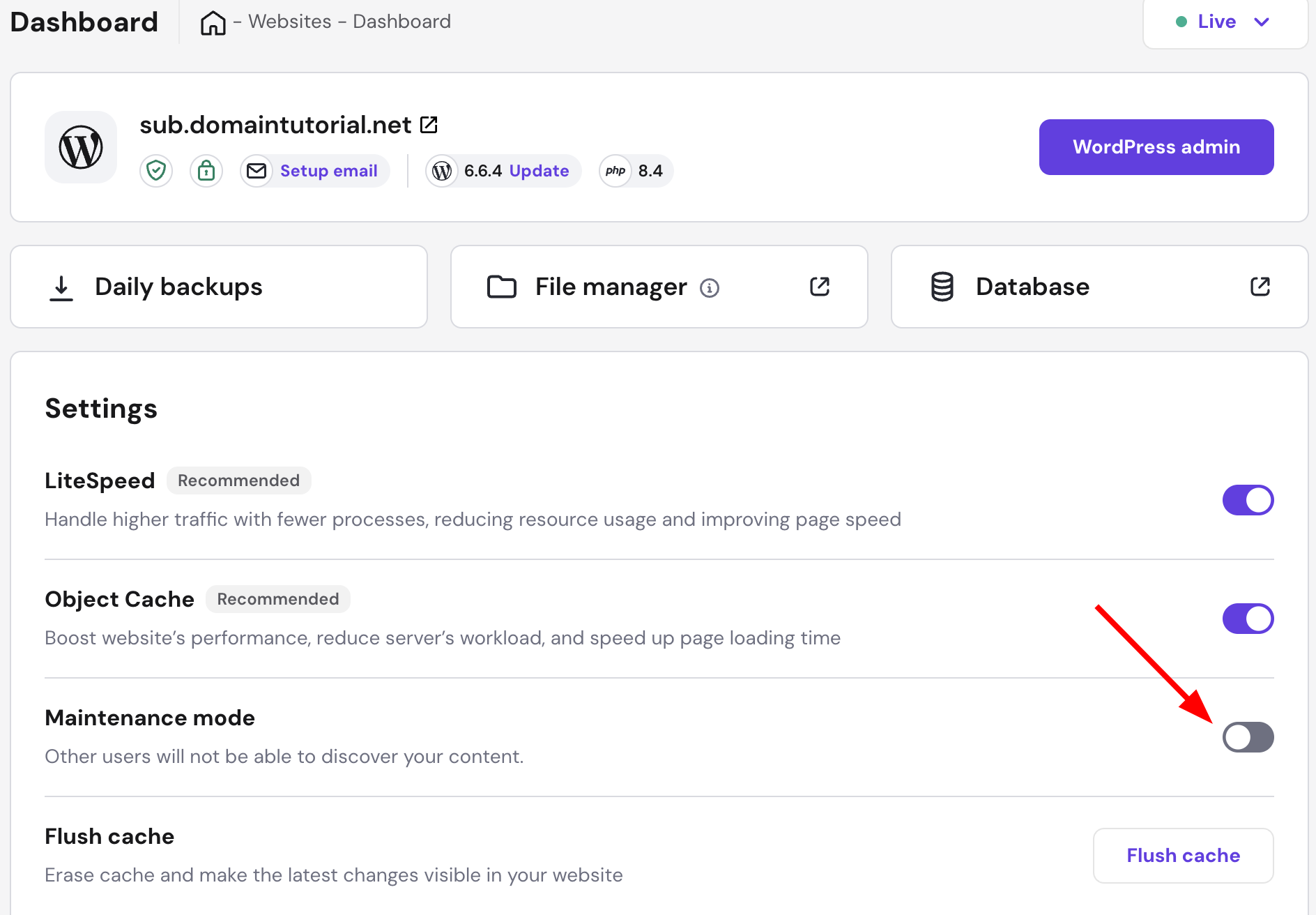 WordPress maintenance mode toggle highlighted in settings screen