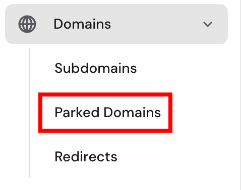 Parked Domains menu item highlighted in the Domains dropdown