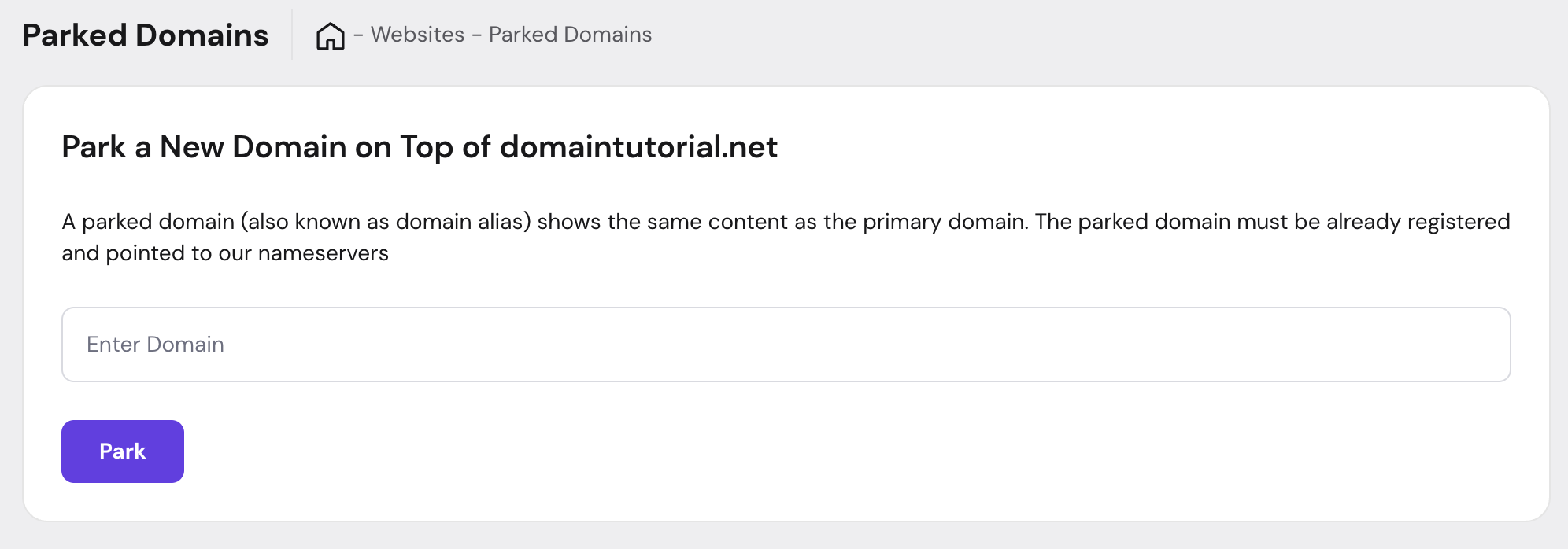 Park a new parked domain for domaintutorial.net with domain input field and Park button