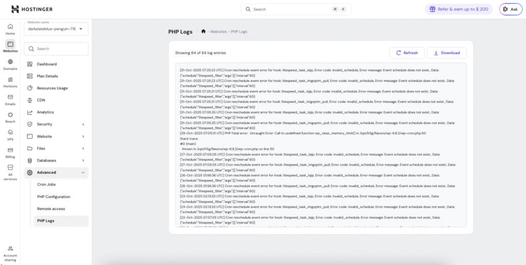 Hostinger PHP Logs page showing error log entries with Refresh and Download buttons