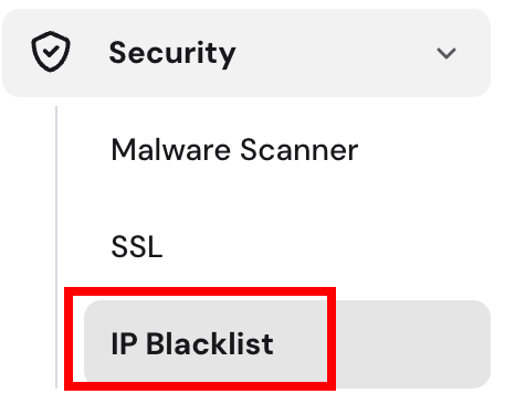 Security menu with IP Blacklist option highlighted
