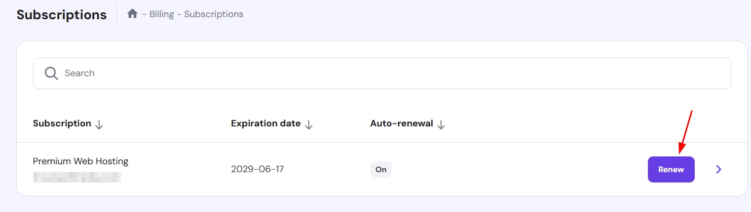 Premium Web Hosting subscriptions page with the Renew button highlighted