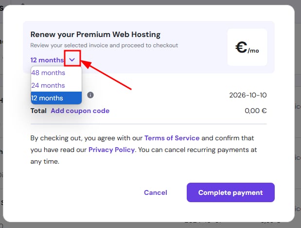 Premium Web Hosting renewal checkout with billing cycle dropdown open on 12 months