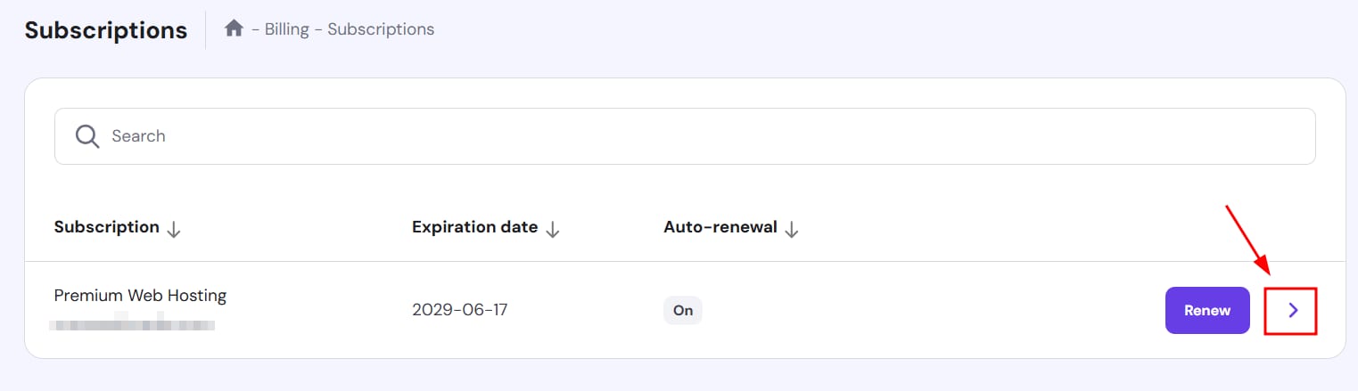 Premium Web Hosting subscription with Renew button and highlighted next-arrow button