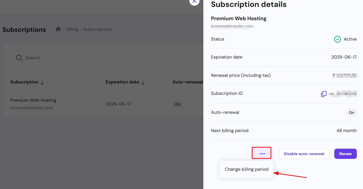 Premium Web Hosting subscription details with Change billing period menu option highlighted