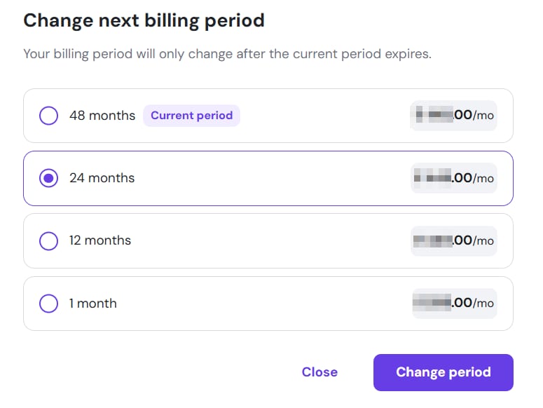 Change billing period dialog with 24 months selected and Change period button