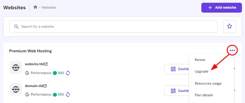 Premium Web Hosting menu with the Upgrade option highlighted
