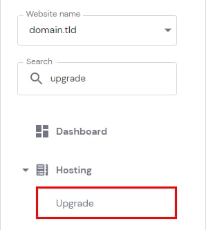 Hosting menu with the Upgrade option highlighted underneath Hostinger dashboard