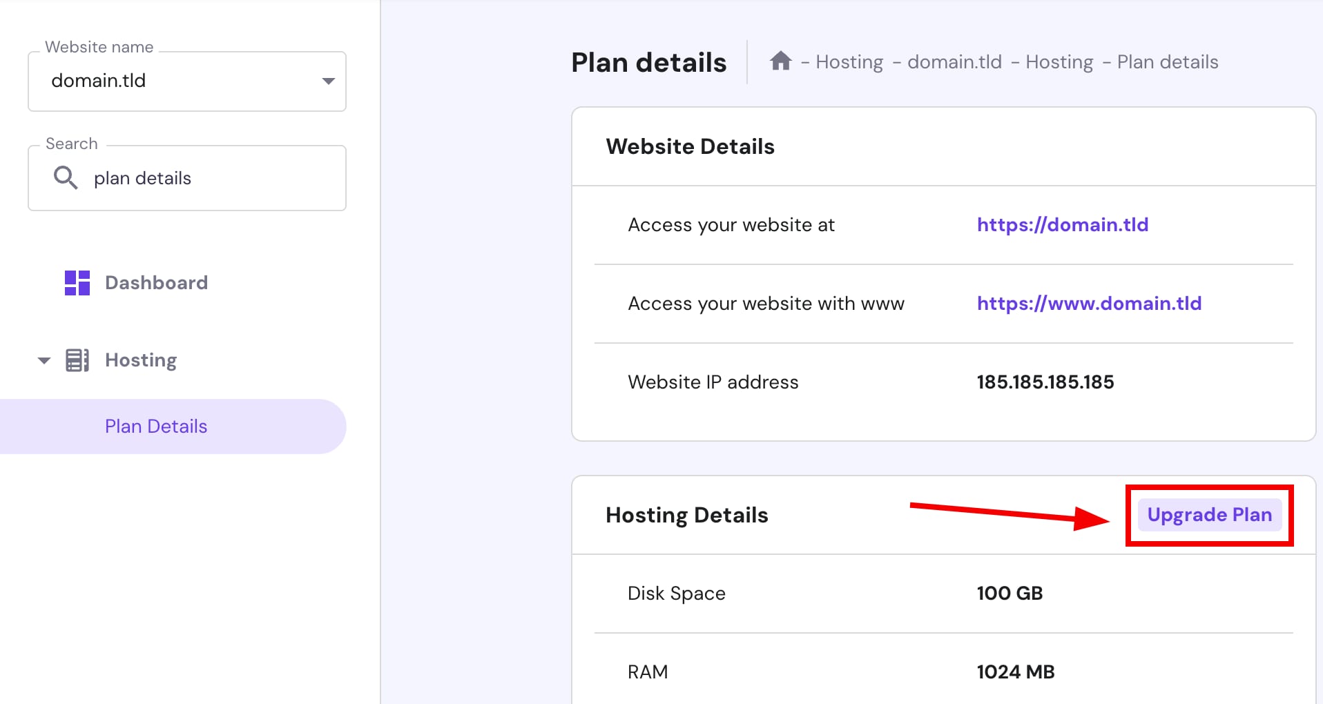 Hosting plan details with Upgrade Plan button highlighted