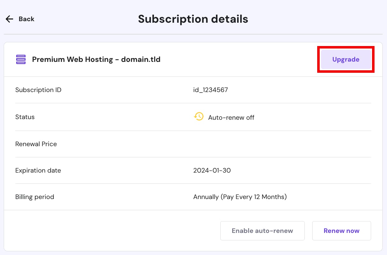 Premium Web Hosting subscription details with Upgrade button highlighted