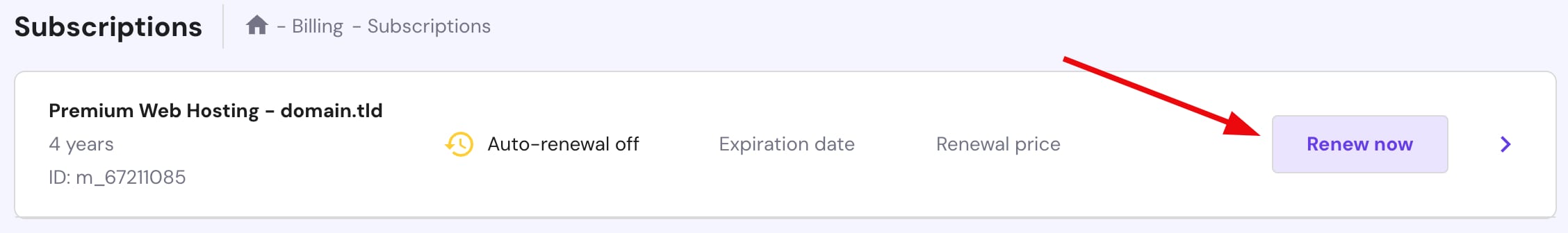 Premium Web Hosting subscription with Renew now button highlighted