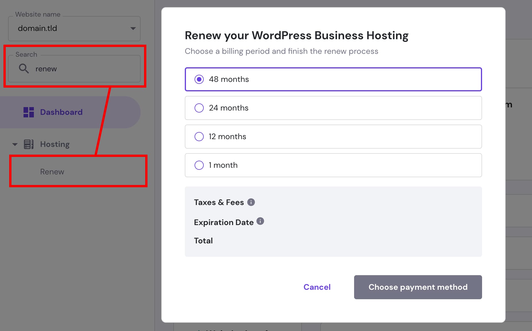 WordPress Business Hosting renewal dialog with 48 months selected and search field showing “renew”