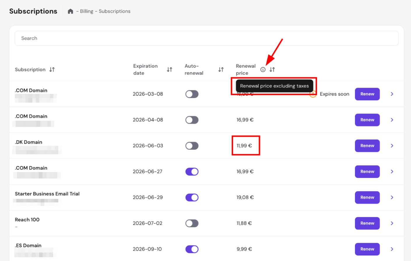 Subscriptions billing page with tooltip showing renewal price excluding taxes for a domain subscription