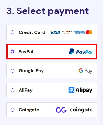 Hostinger payment options with PayPal selected and highlighted