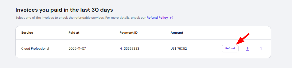 Cloud Professional invoice with the Refund button highlighted