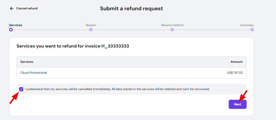 Cloud Professional refund request page with checked cancellation acknowledgment and Next button