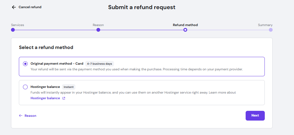 Hostinger refund request page with original payment method selected for refund method