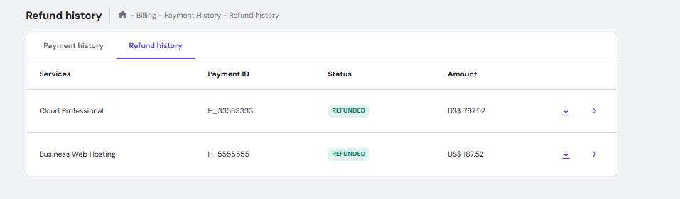 Hostinger billing refund history with refunded status for Cloud Professional and Business Web Hosting payments