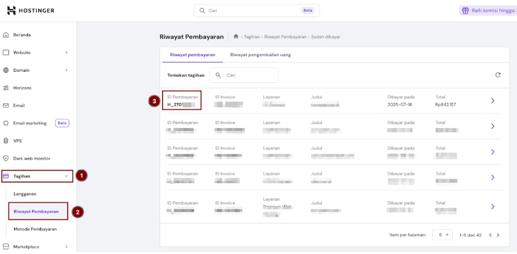 Hostinger billing history with payment ID H_270 highlighted in the first row