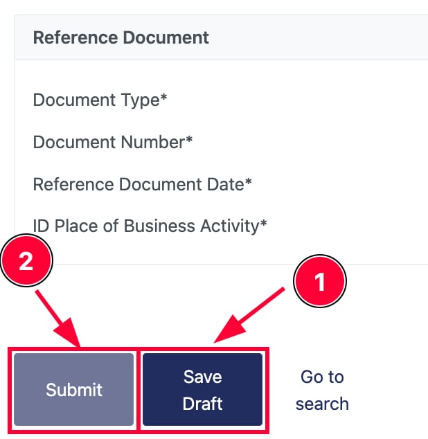 Save Draft button highlighted next to Submit in Reference Document form