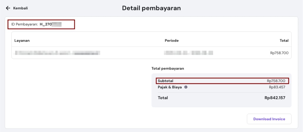 Hostinger payment details showing highlighted payment ID and subtotal amount with invoice download button