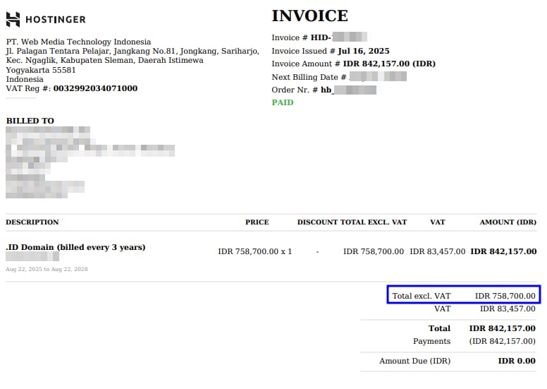 Hostinger invoice showing the Total excl. VAT amount highlighted in blue at bottom right