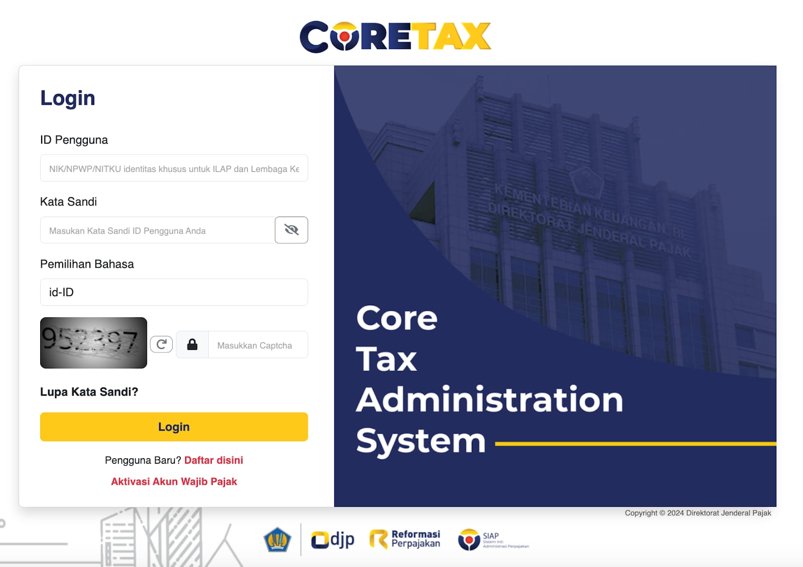 Core Tax Administration System login page with username, password, captcha, and login button
