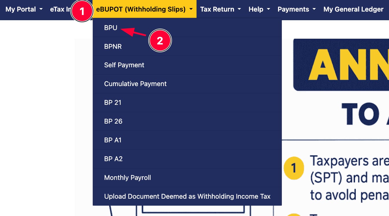 eBupot withholding slips menu with BPU option highlighted