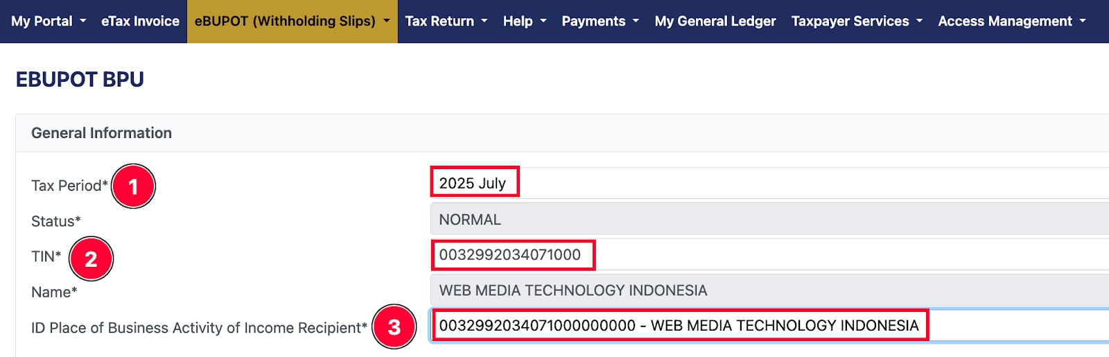 EBUPOT BPU tax period 2025 July, TIN and business activity ID highlighted
