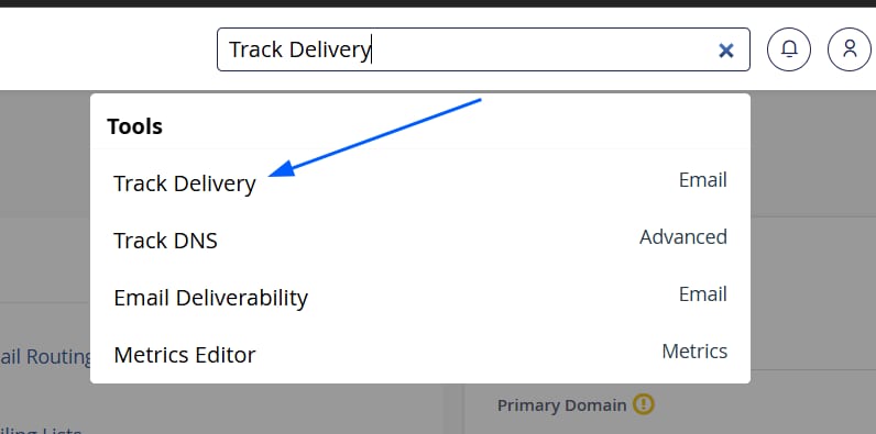 cPanel Tools menu with Track Delivery highlighted