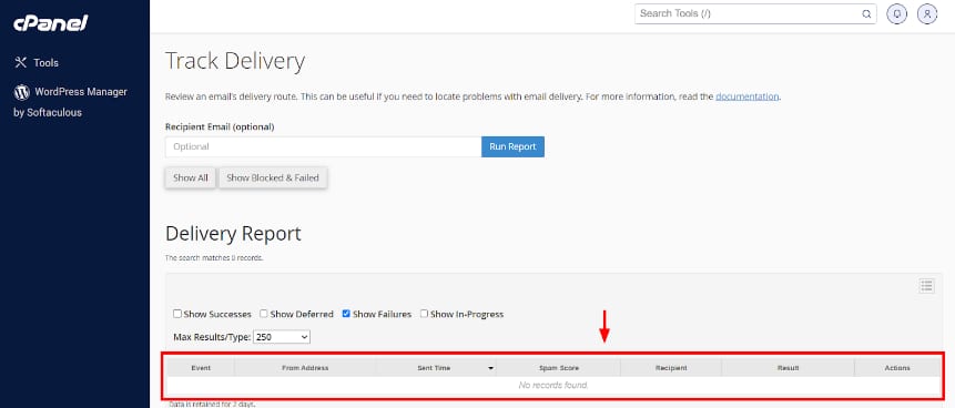 cPanel Track Delivery report table with no records found, highlighted at the bottom