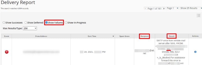 cPanel Delivery Report with Show Failures checked and Recipient, Result columns highlighted