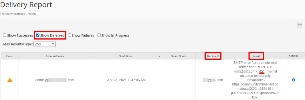 cPanel Delivery Report with Show Deferred and Result columns highlighted