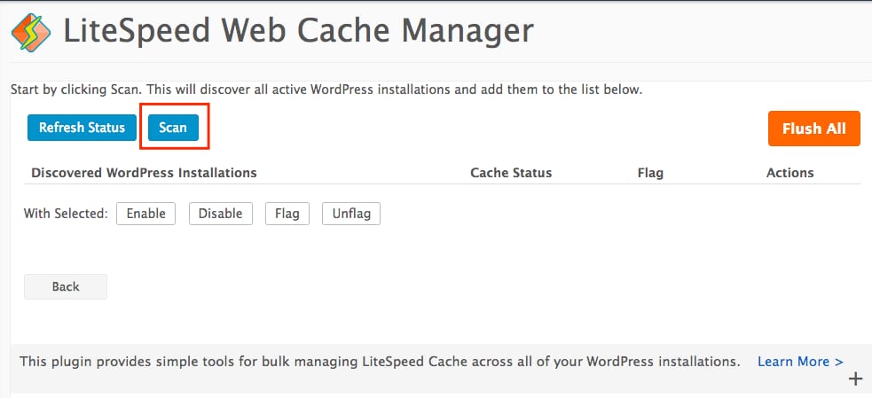 LiteSpeed Web Cache Manager with the Scan button highlighted