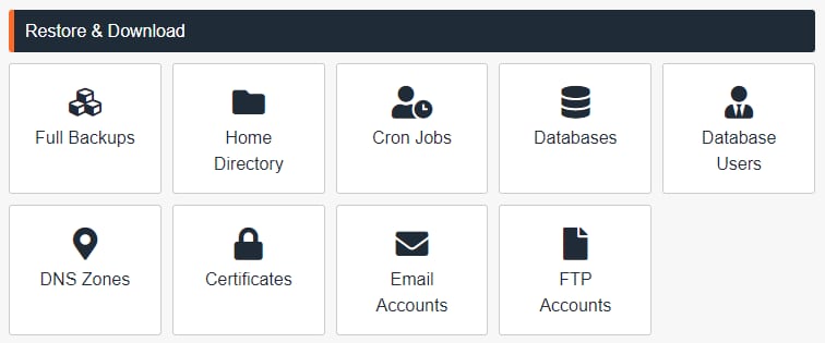 cPanel Restore & Download menu with Full Backups option highlighted