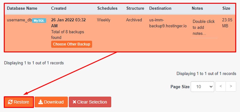 Hostinger backup restore page with the Restore button highlighted below a selected database backup listing