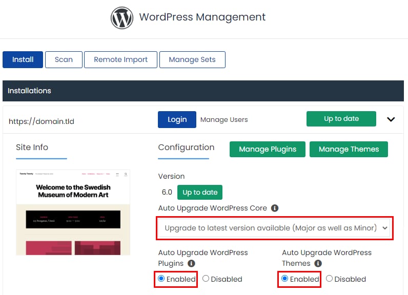 WordPress Management settings with auto-upgrade dropdown and Enabled options highlighted