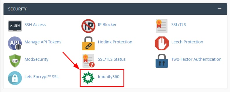 cPanel Security section with the Imunify360 icon highlighted in a red box