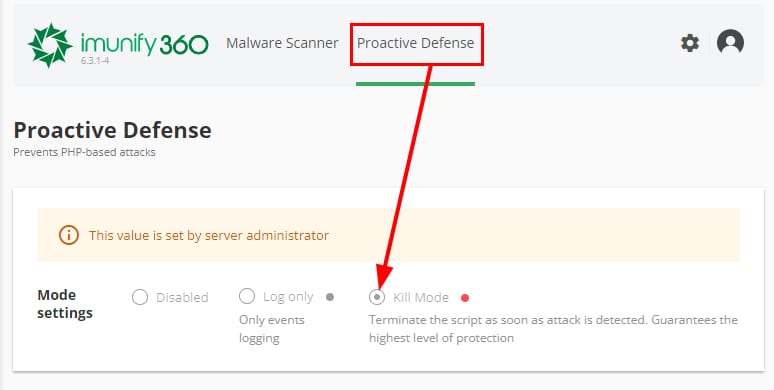 Imunify360 Proactive Defense tab with Kill Mode selected in mode settings