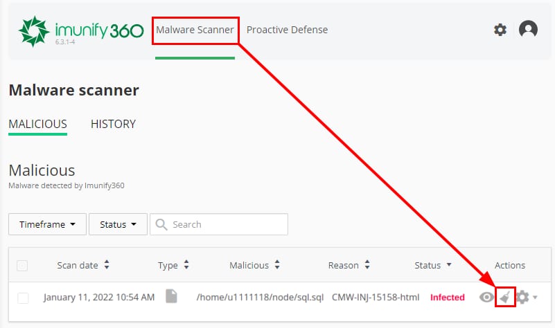 Imunify360 Malware Scanner, malicious scan result with a highlighted action icon in the table