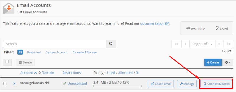 cPanel Email Accounts page with the Connect Devices button highlighted for an email account