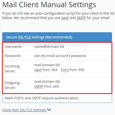 Mail client manual settings showing secure SSL/TLS username, password, and IMAP/SMTP server details