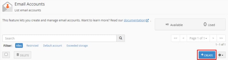 cPanel Email Accounts page with the Create button highlighted